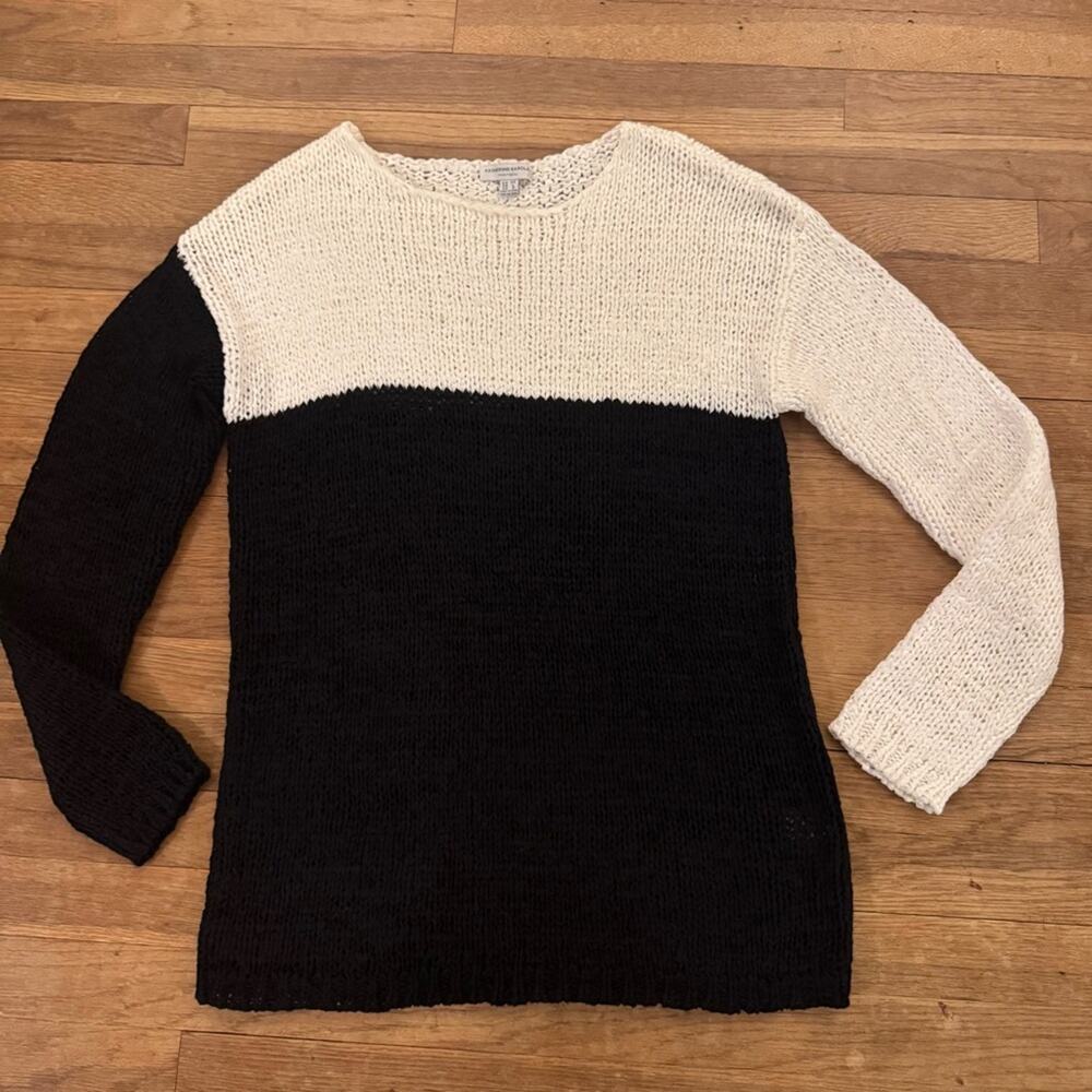 Katherine Barclay black white loose knit long sleeve crewneck sweater sz L
b62